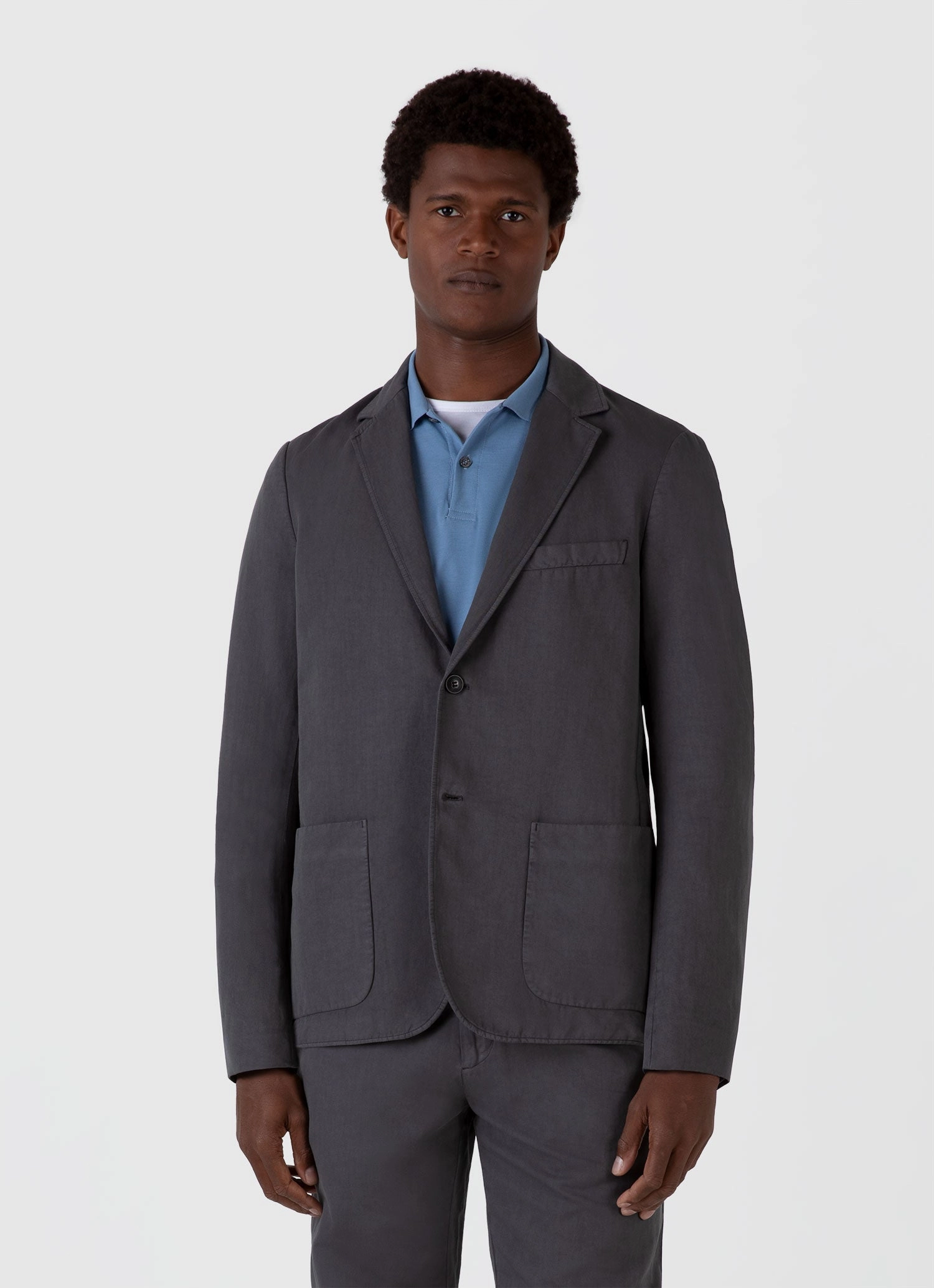 Men's Cotton Linen Unstructured Blazer in Charcoal Patched
