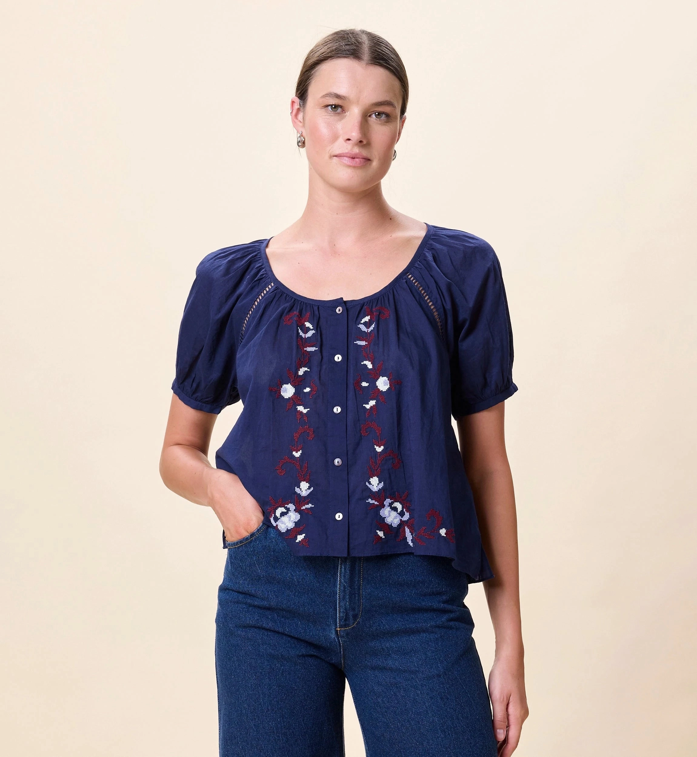 Reinforced Neckline Detail Layered Collar Design Adeline Blouse | Navy