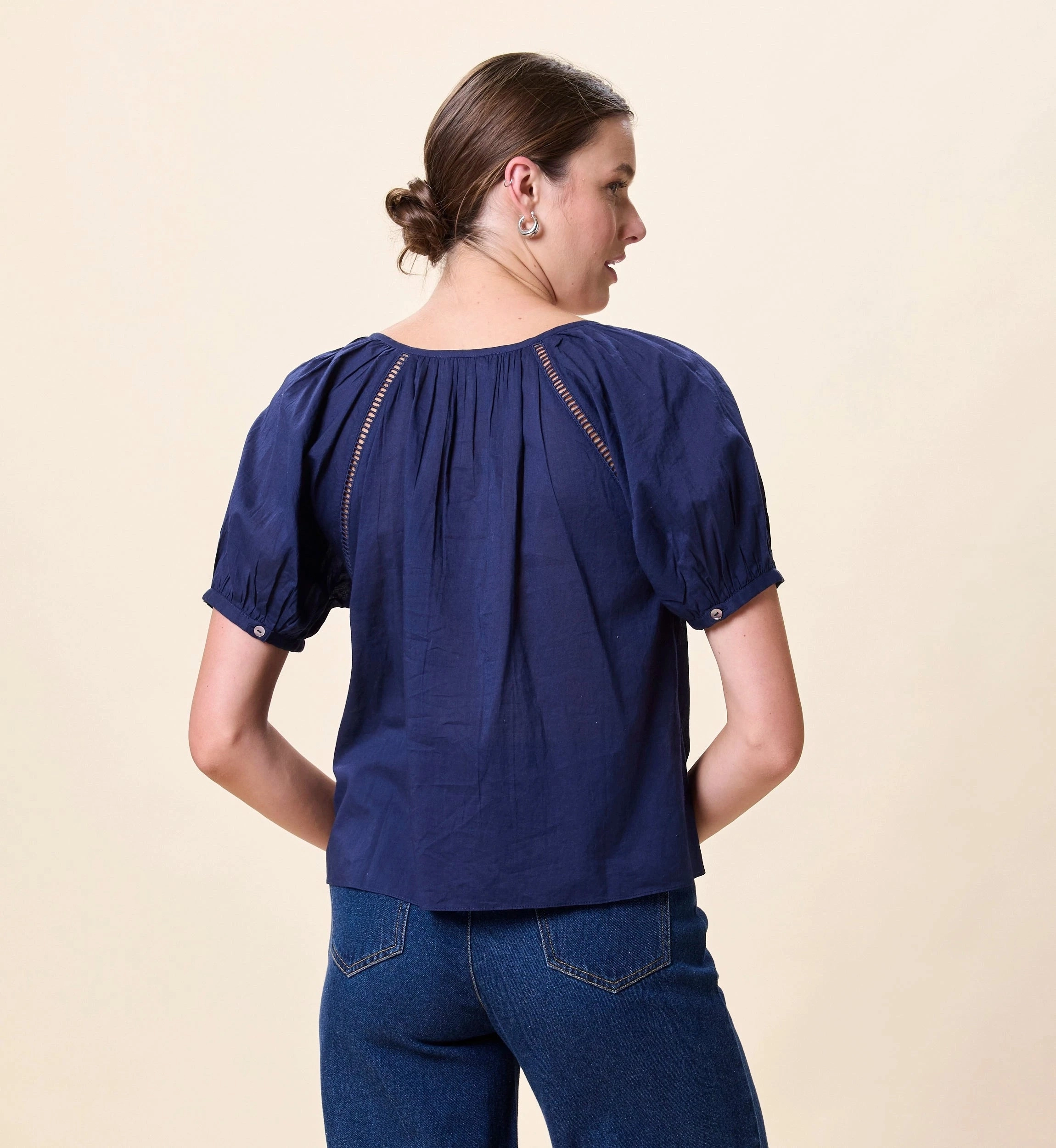 ElasticEdgeBinding Reinforced Shoulder Panels Adeline Blouse | Navy