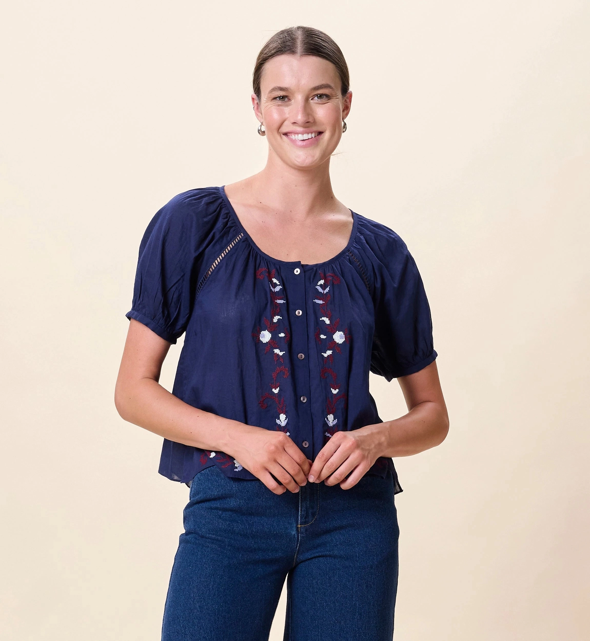 Adeline Blouse | Navy LaserCut Edges Stretch Knit Fabric