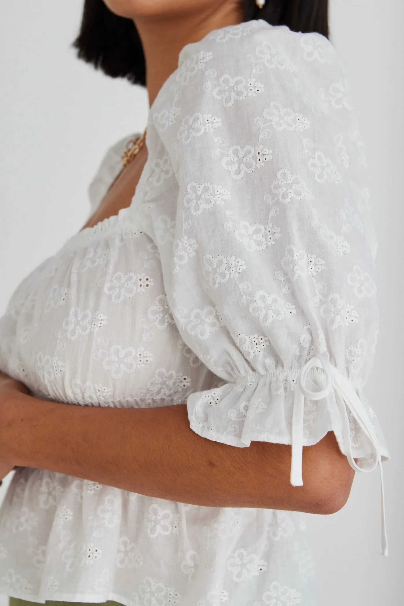 Intricate White Broidery Square Neck Top