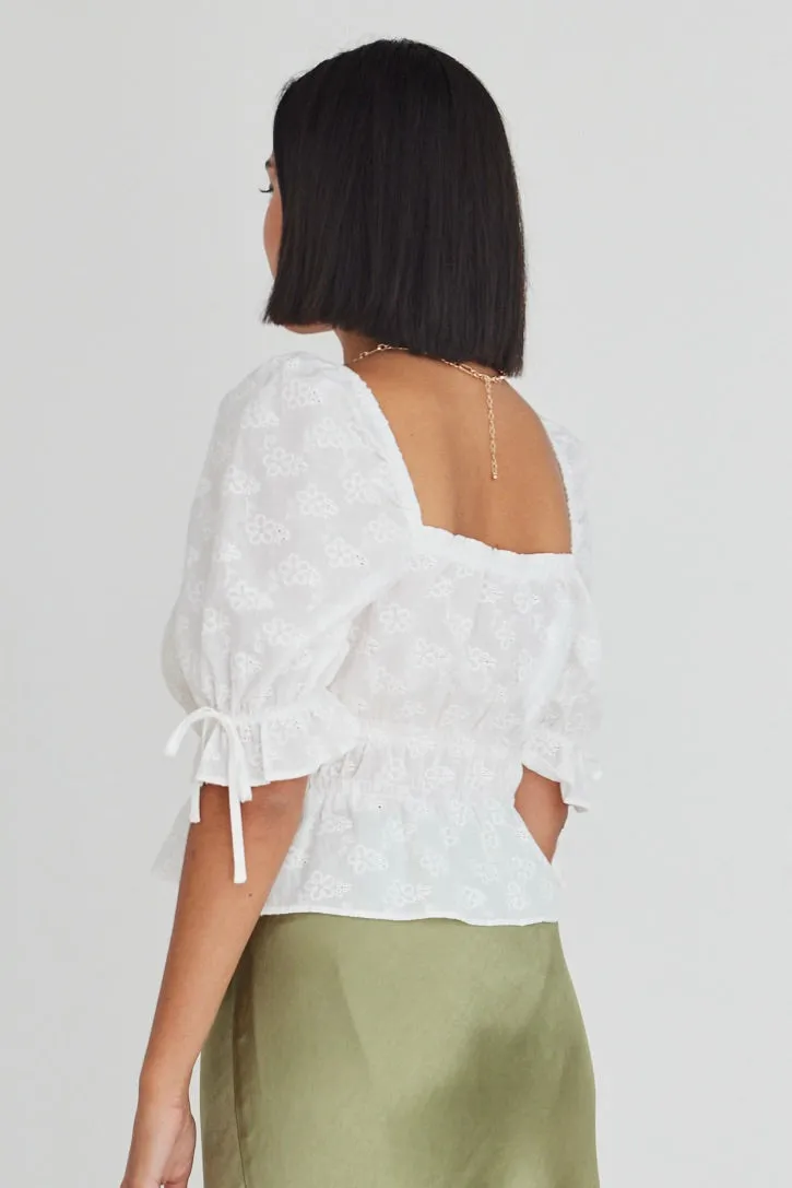 Intricate White Broidery Square Neck Top
