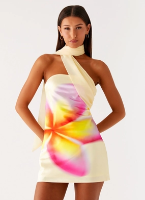 Isa Scarf Satin Mini Dress - Frangipani Yellow Cutout Detail Isa Scarf Satin Mini Dress - Frangipani Yellow Cutout Detail Tiered Layers Fashion Forward