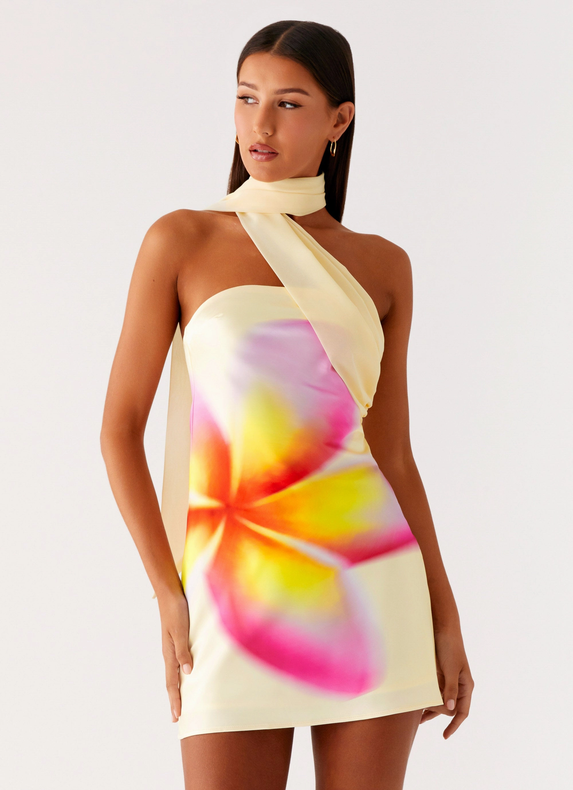 Isa Scarf Satin Mini Dress - Frangipani Yellow Cutout Detail Fashion Mood Jewel Tones
