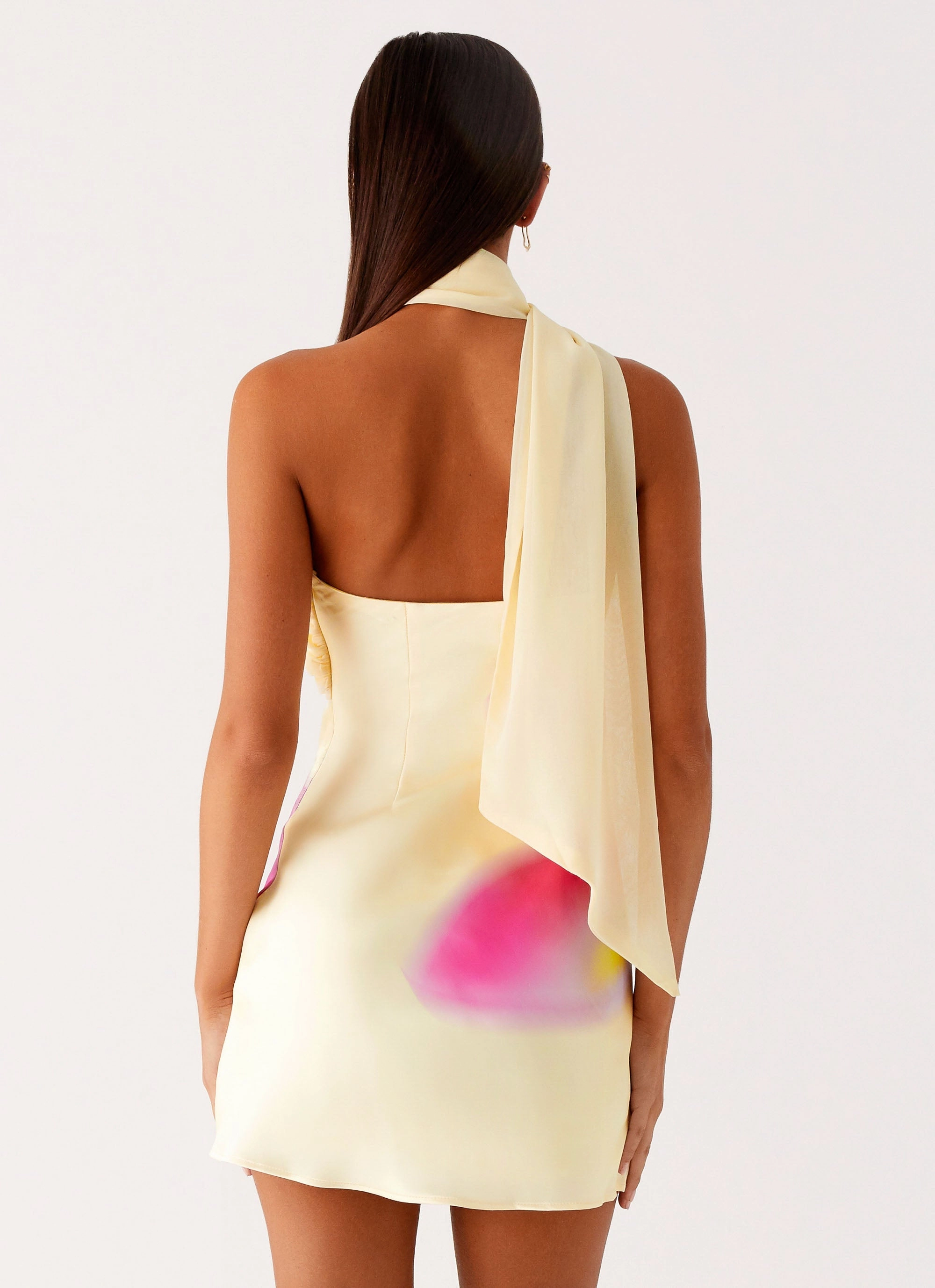 Travel Vibes Stretch Material Isa Scarf Satin Mini Dress - Frangipani Yellow Cutout Detail