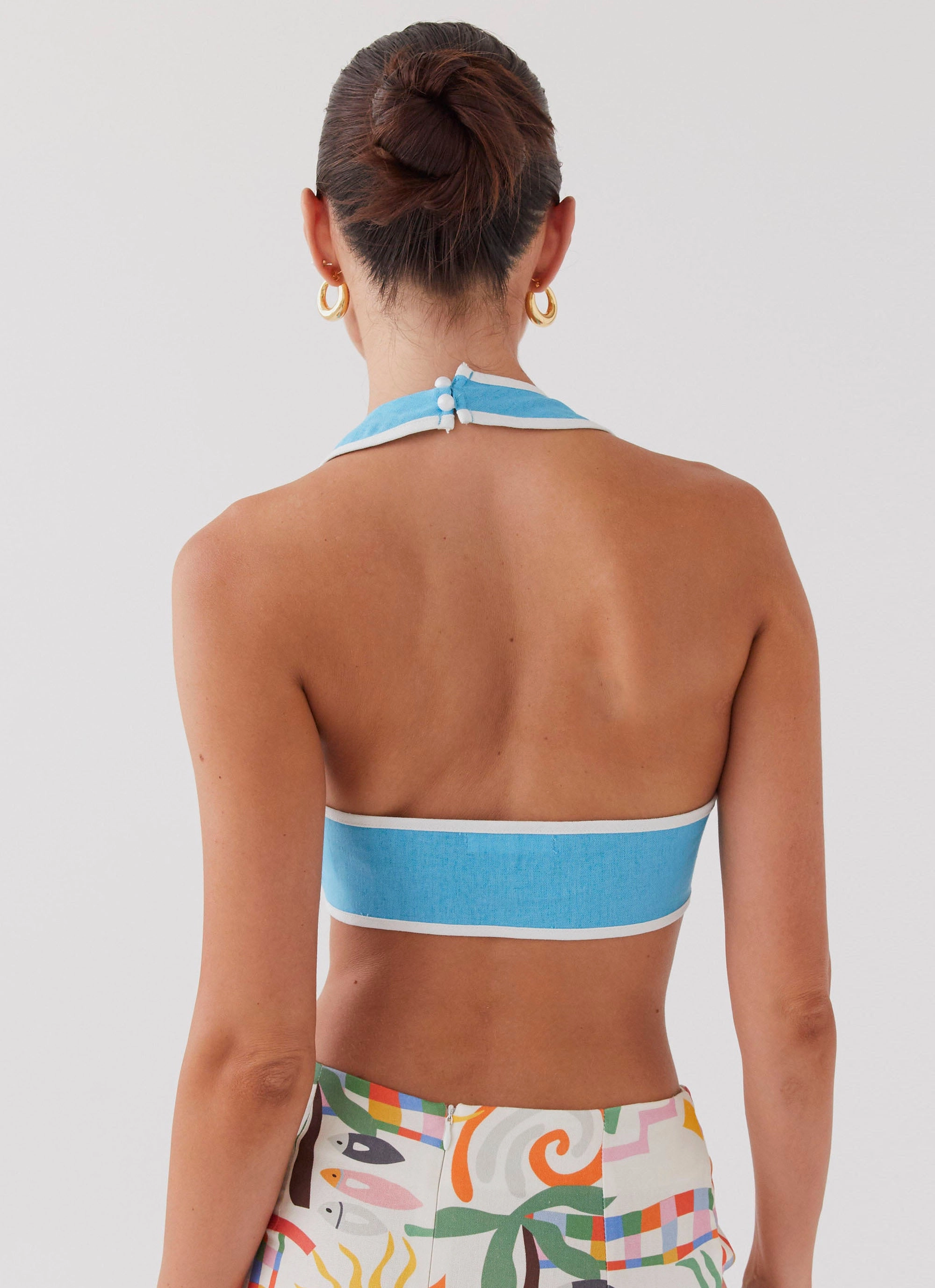 Isle Of Water Linen Tie Top - Azure Reinforced Hem Stitching