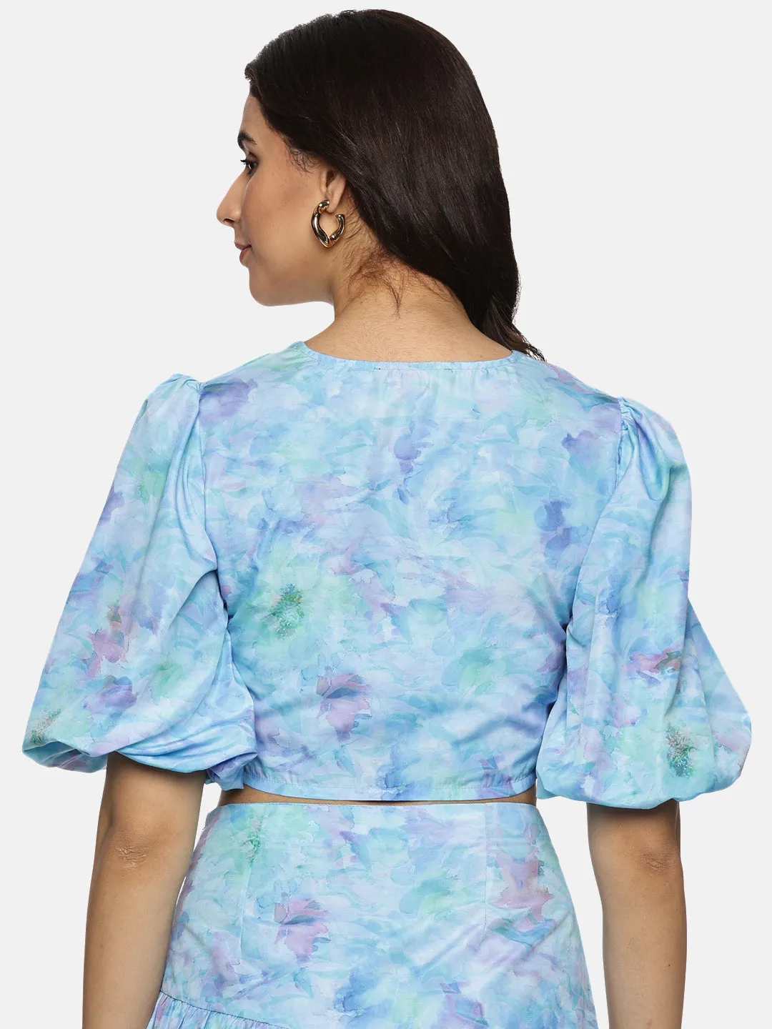 IS.U Floral Blue Puff Sleeve Crop Top