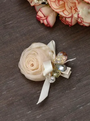 Ivory Elegance: Classic Off-White Organza Rosette Hair Clip with Crystal Embellishments and Satin Bow