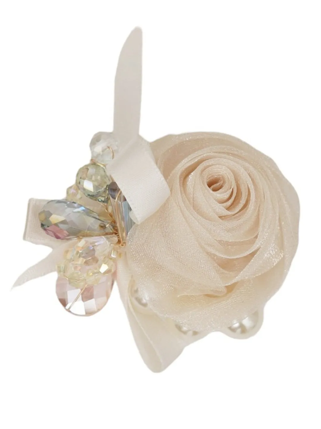 Ivory Elegance: Classic Off-White Organza Rosette Hair Clip with Crystal Embellishments and Satin Bow