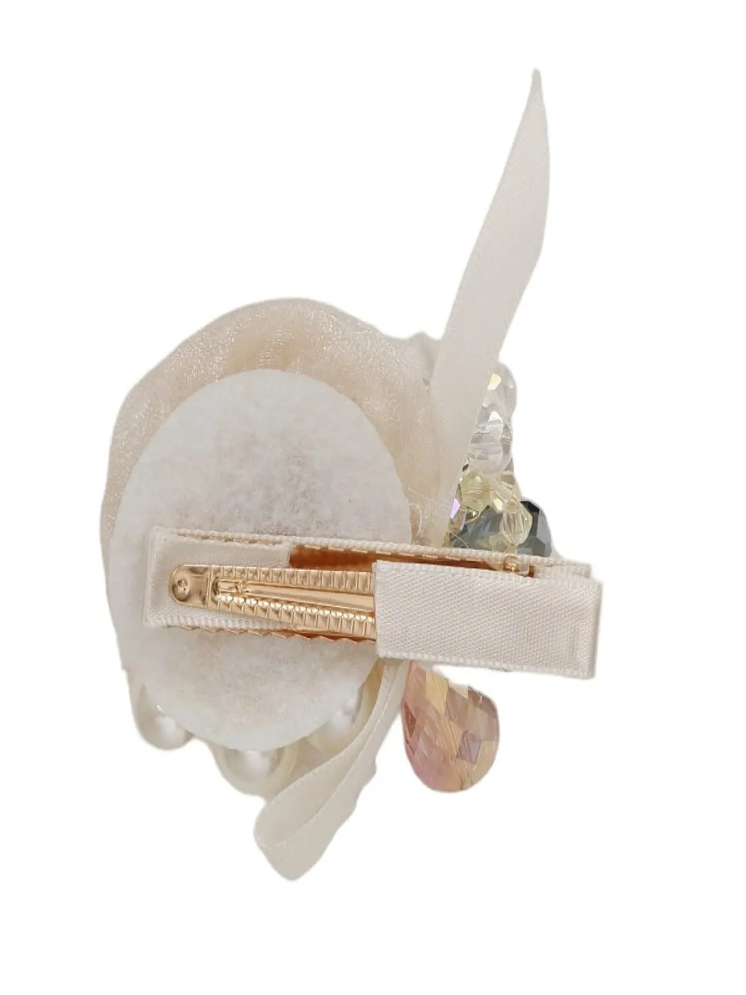 Ivory Elegance: Classic Off-White Organza Rosette Hair Clip with Crystal Embellishments and Satin Bow
