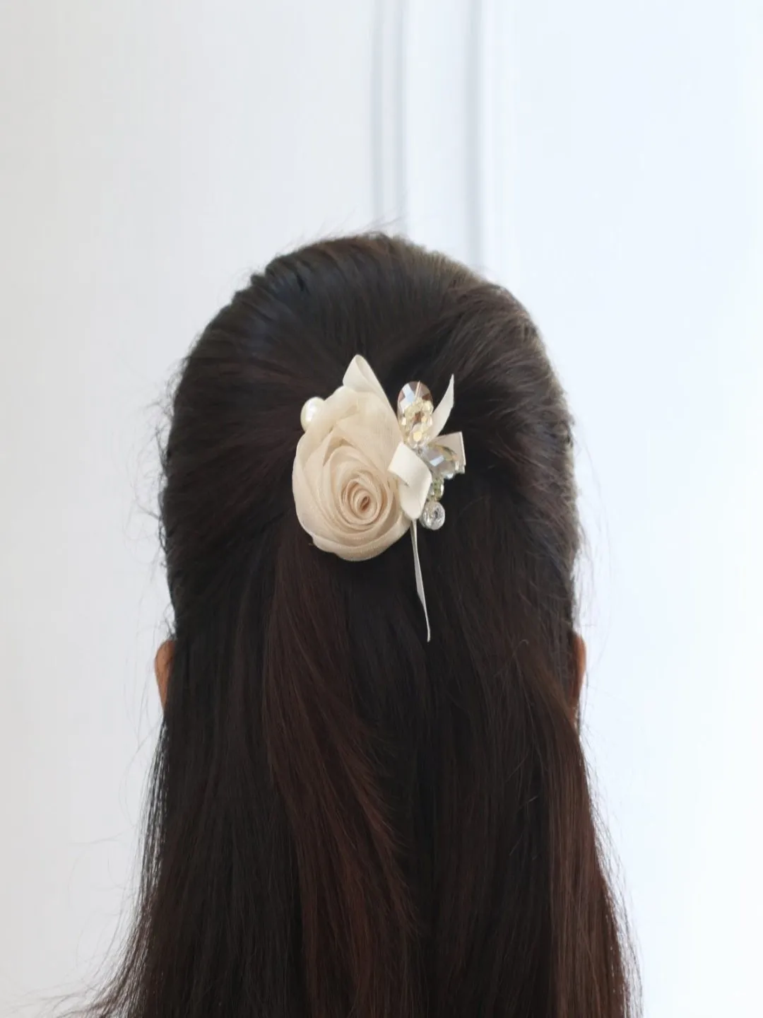 Ivory Elegance: Classic Off-White Organza Rosette Hair Clip with Crystal Embellishments and Satin Bow