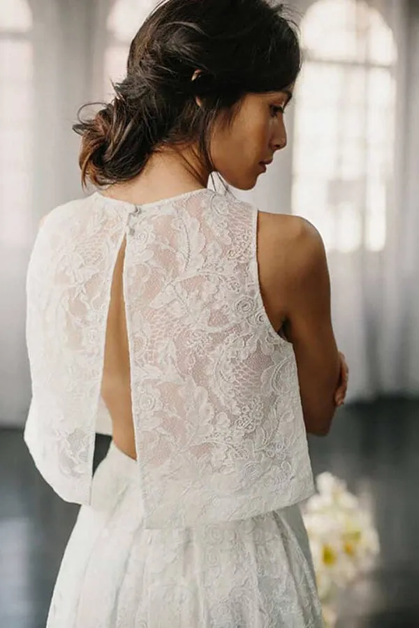 Ivory Lace A-line Two Piece Sleeveless Sweep Train Wedding Dresses, SW697