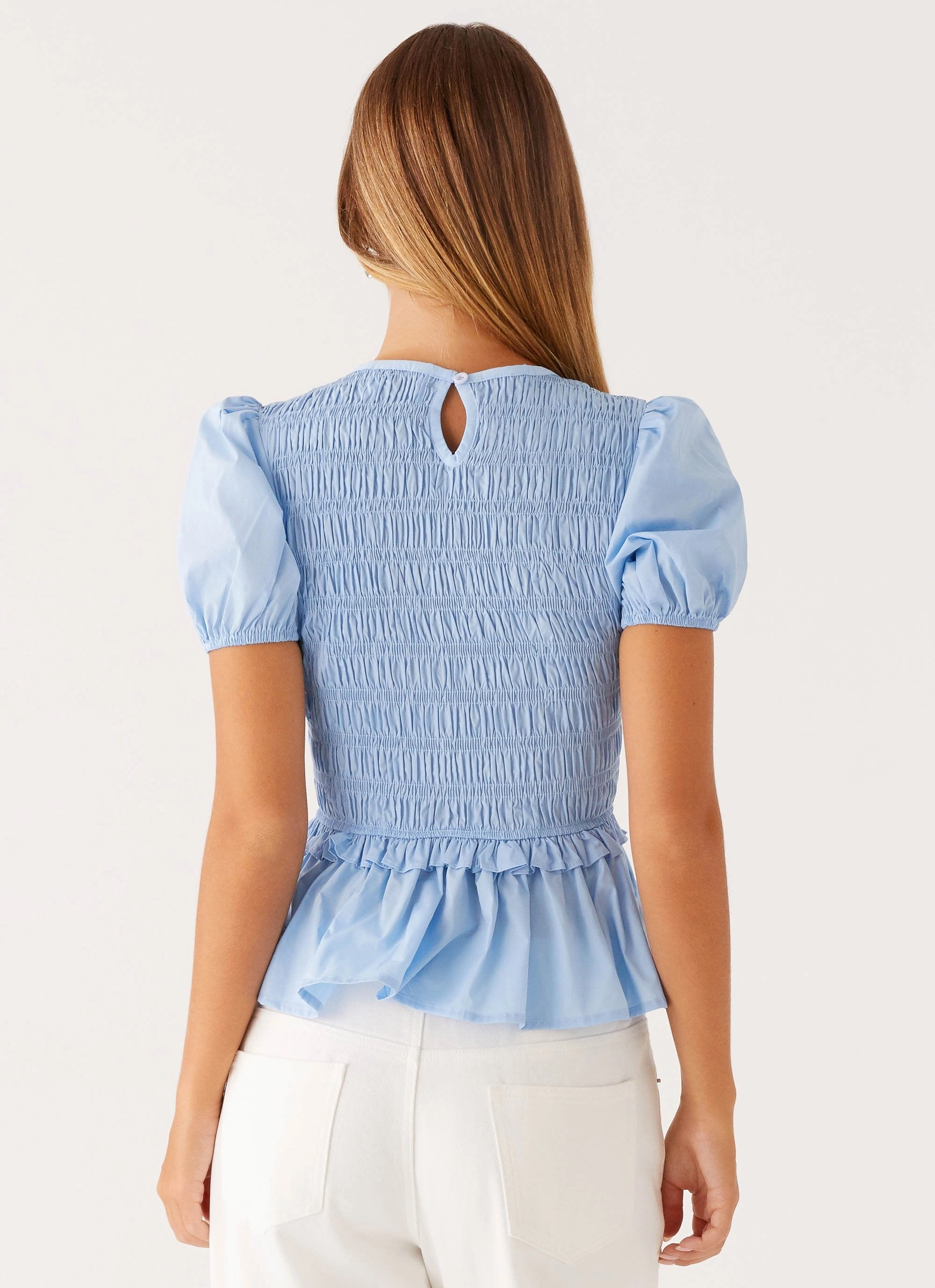 Izzy Shirred Top - Blue Fashion Statement Wrinkle Free Texture