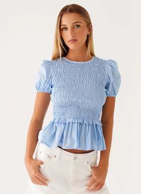 Izzy Shirred Top - Blue ZipClosure Feature Convertible Collar Interlock Knit Izzy Shirred Top - Blue