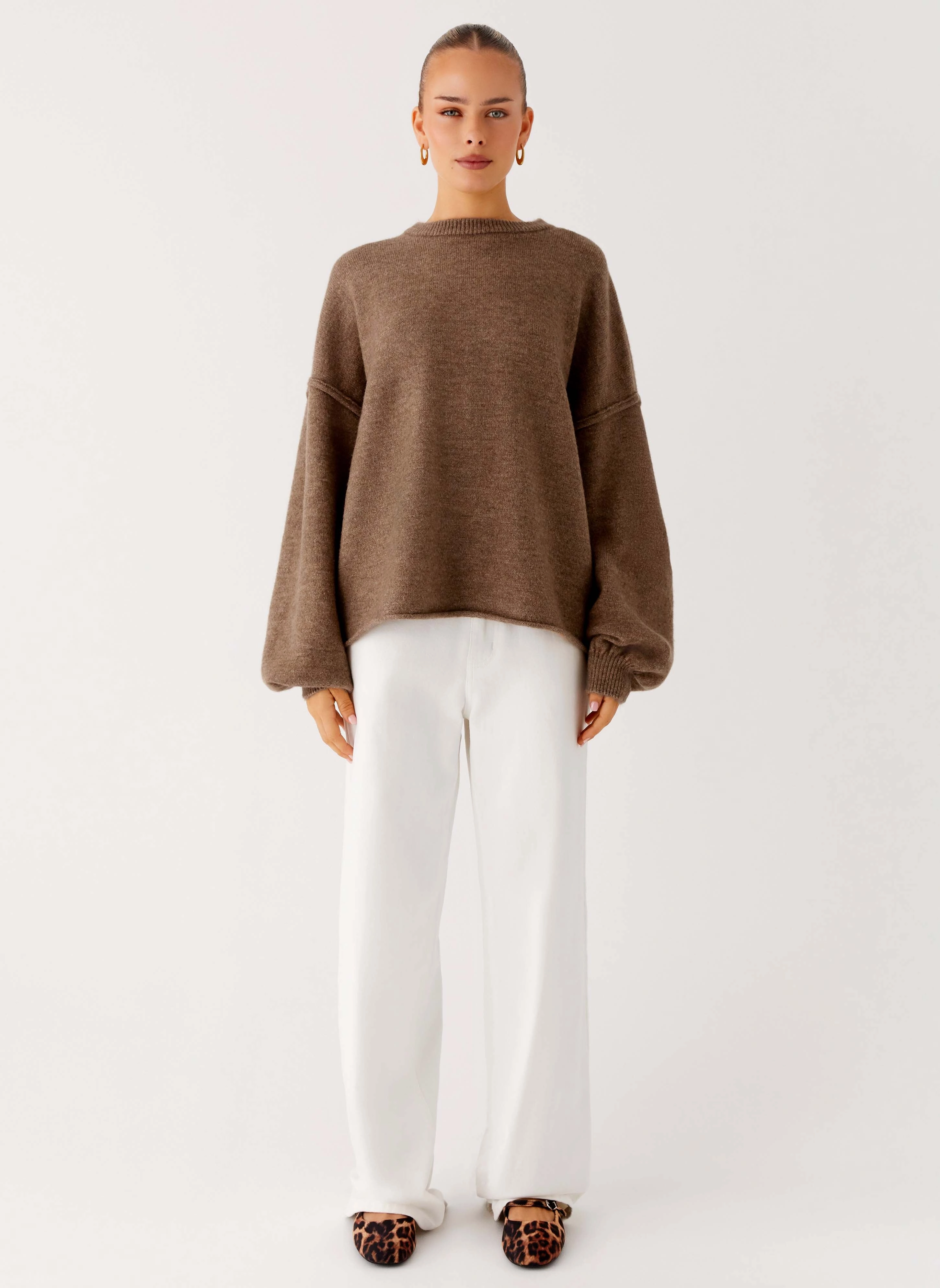 City Style Smooth Cut Jack Oversized Knit Sweater - Tan Marle Tailored Fit