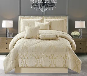 Jacquard Bedspread 7 Piece Quilted Bedding Set Bed Skirt Pillow shams & Cushion Covers (Lucy Beige)