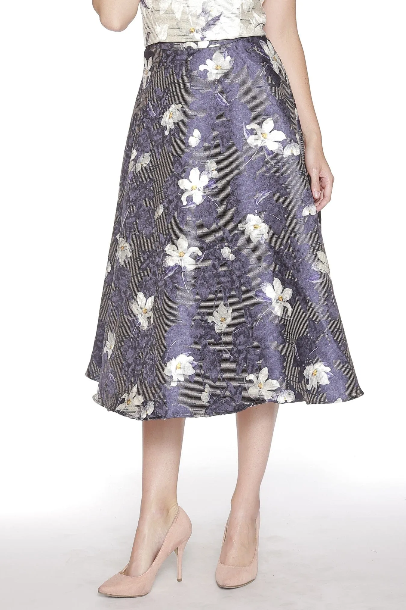 Jacquard Floral MIdi Skirt Bold Cut Wrap Front