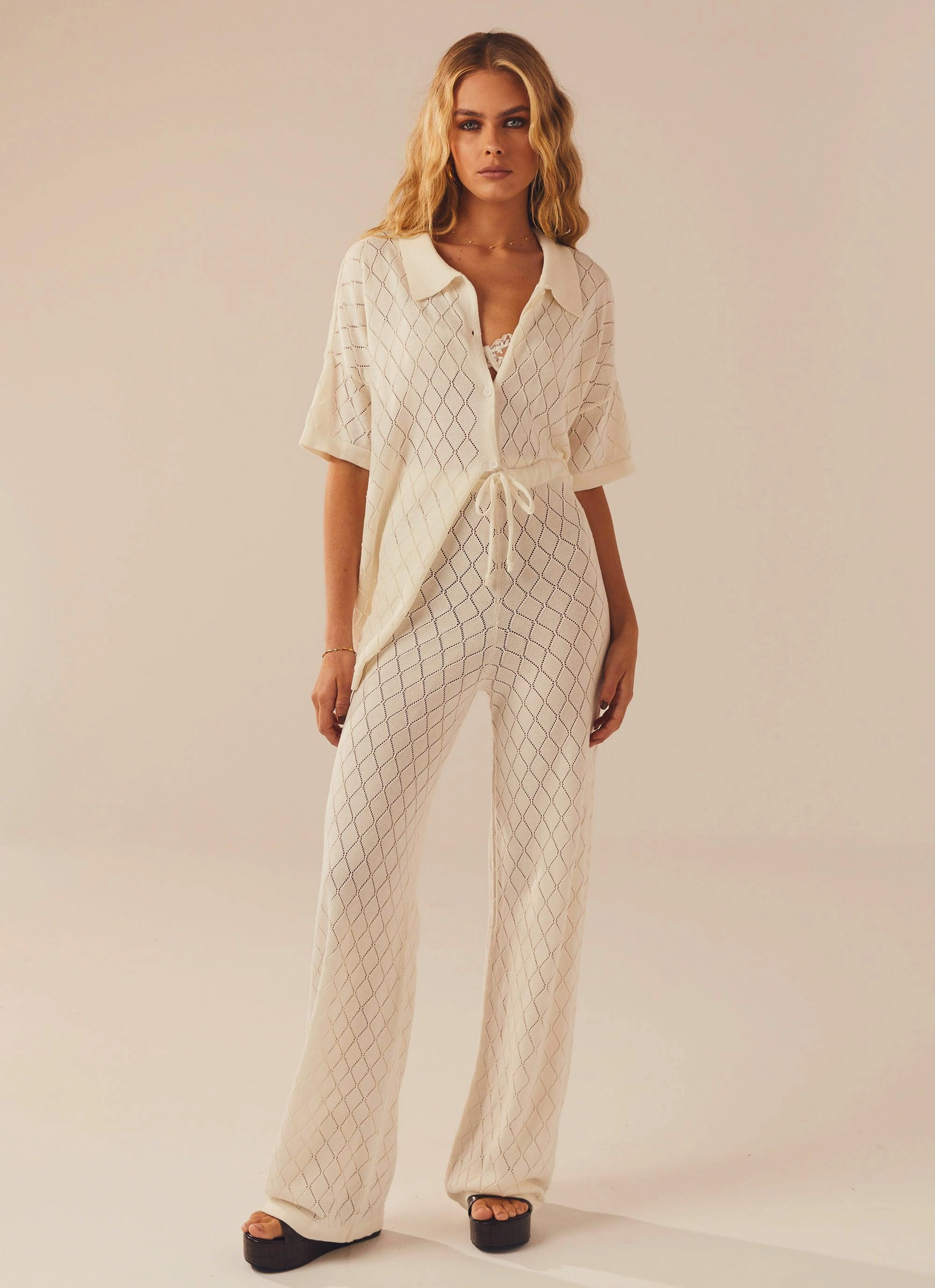Versatile Waist Full Coverage Jaded Knit Pants - White Sand