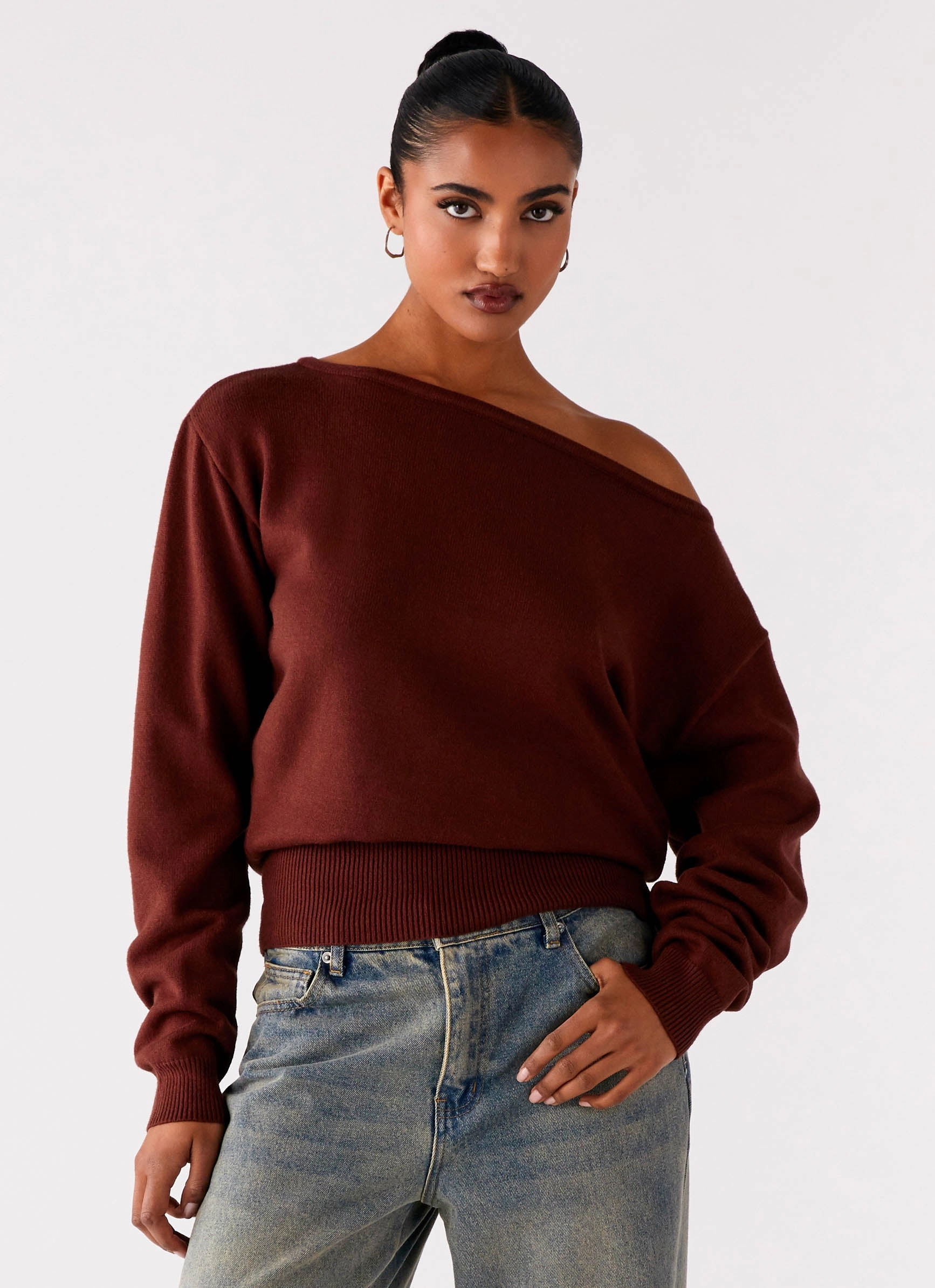 Convertible Style SweatGuard Lining Jaelin Asymmetric Top - Chocolate