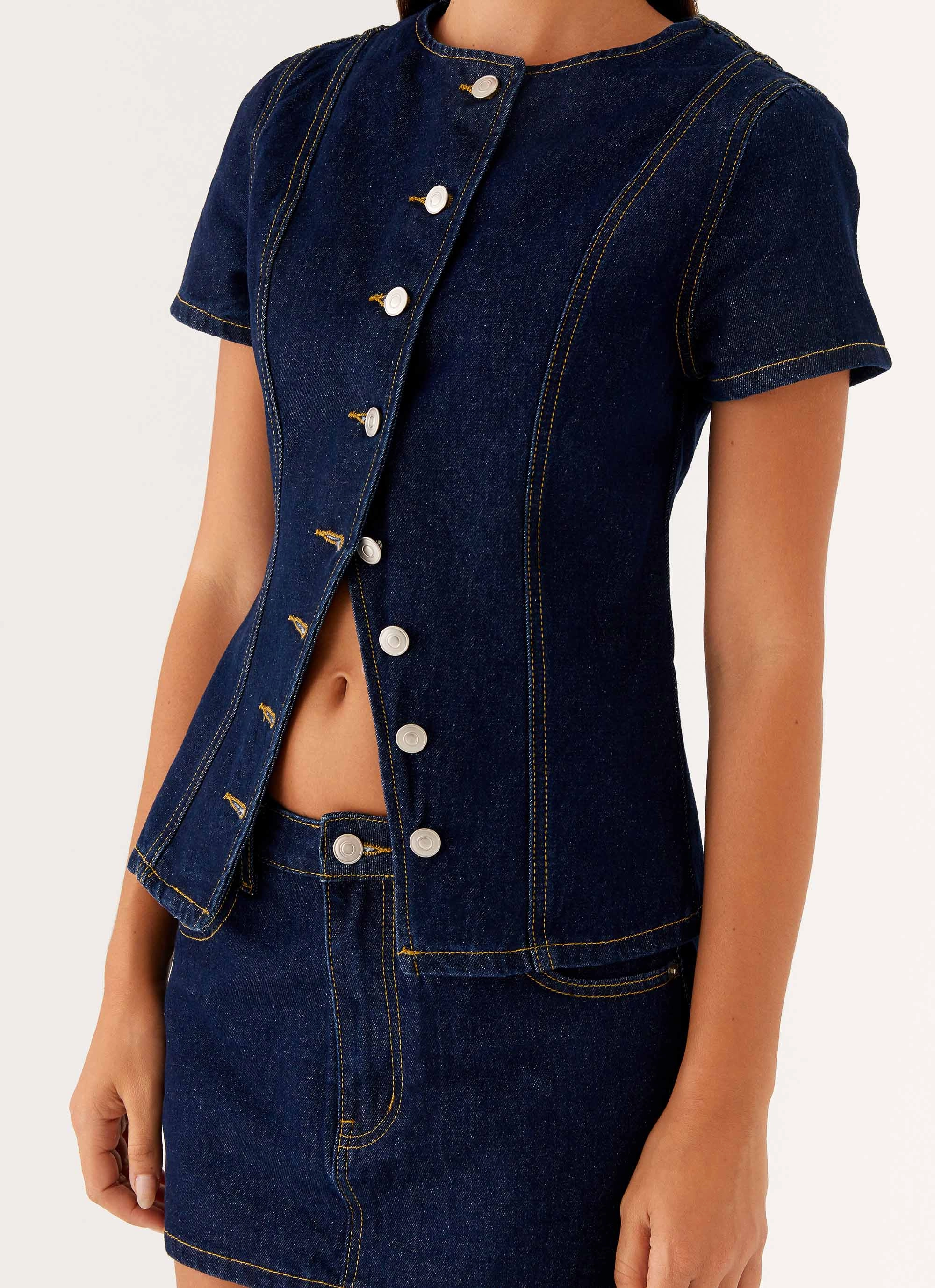 Minimalist Stitching Jagger Top - Indigo
