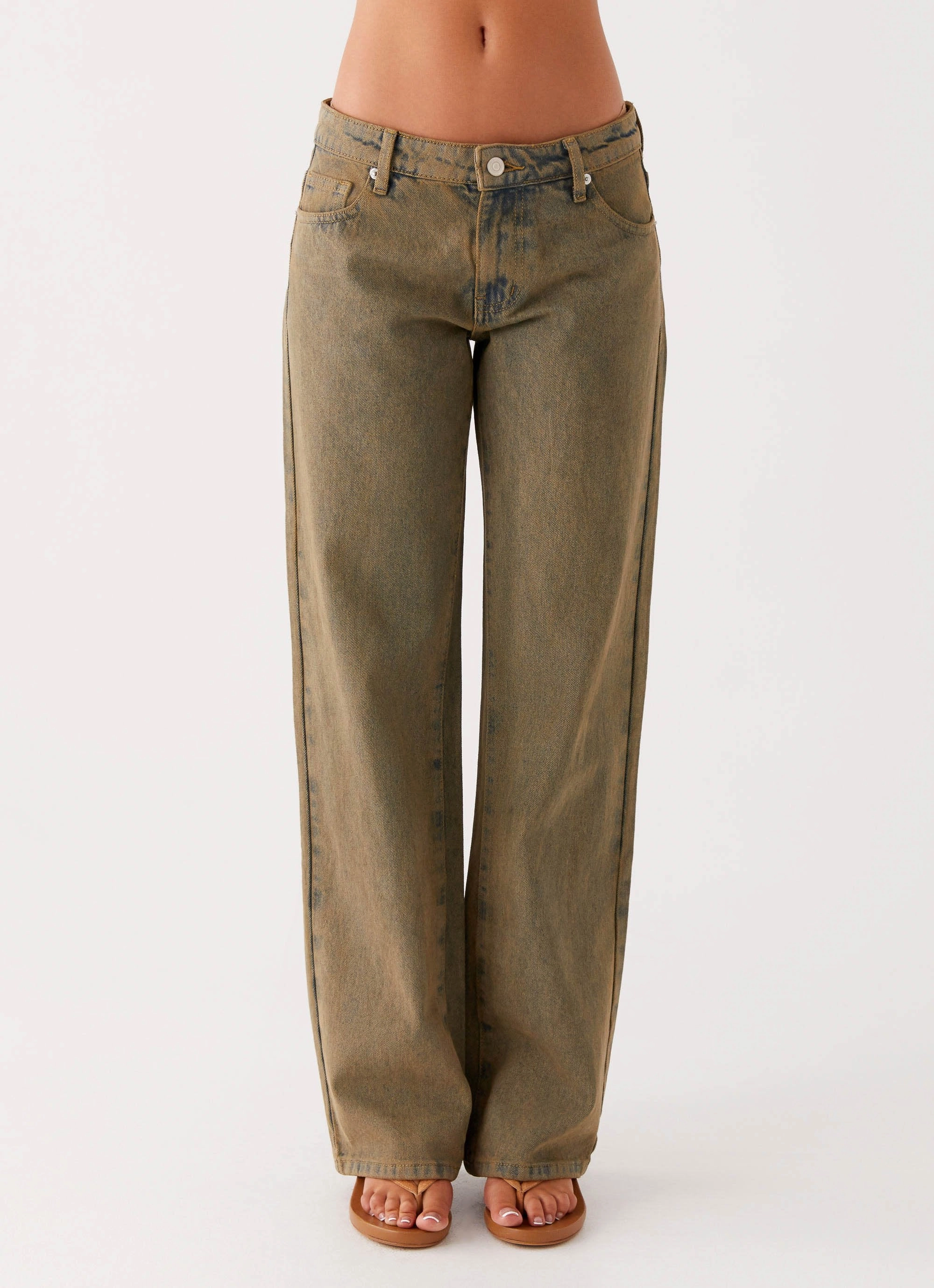 Bold Waistband Jaiden Low Rise Denim Jeans - Brown Sand Wash