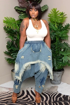 Jeena Distressed Oversize Drop-Crotch Denim Pants-Dark Wash Preorder Ships 10/3 Reinforced Stress Points Core Style Jeena Distressed Oversize Drop-Crotch Denim Pants-Dark Wash Preorder Ships 10/3