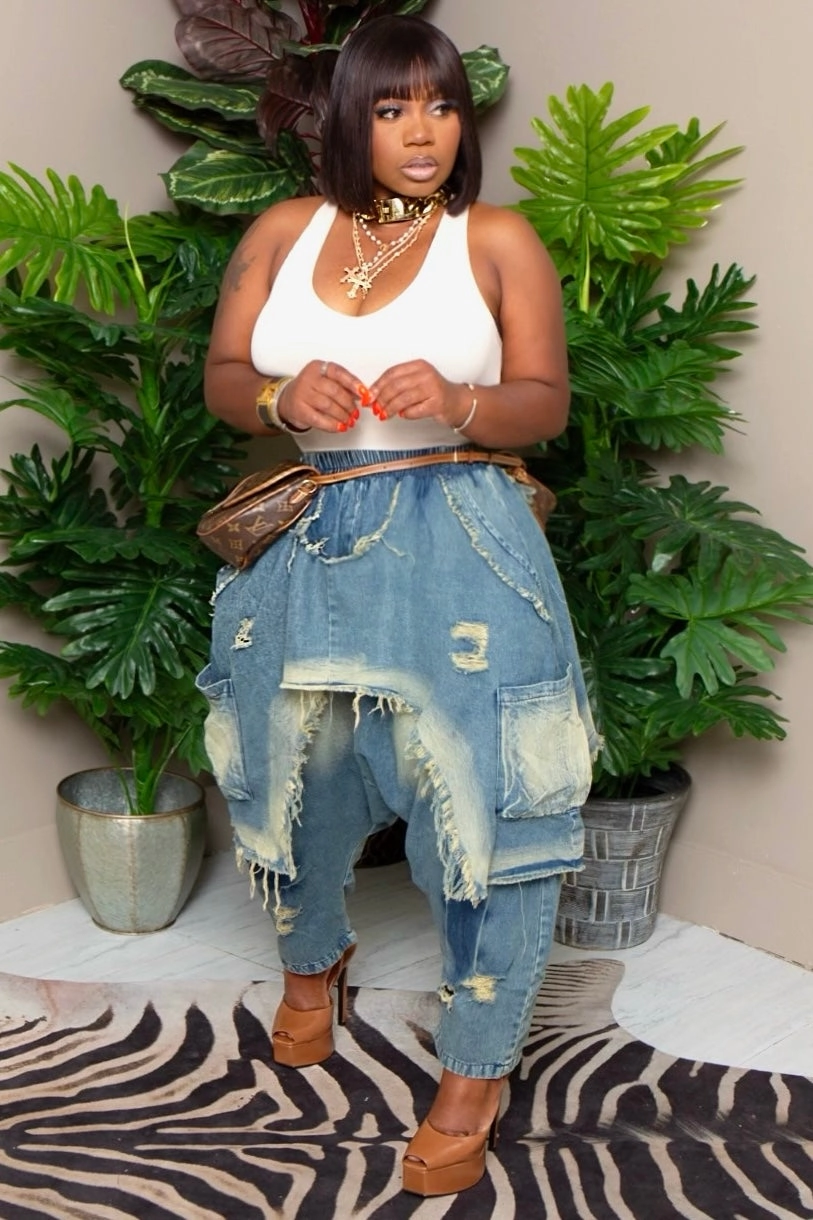 Jeena Distressed Oversize Drop-Crotch Denim Pants-Dark Wash Preorder Ships 10/3 Adaptive Fit