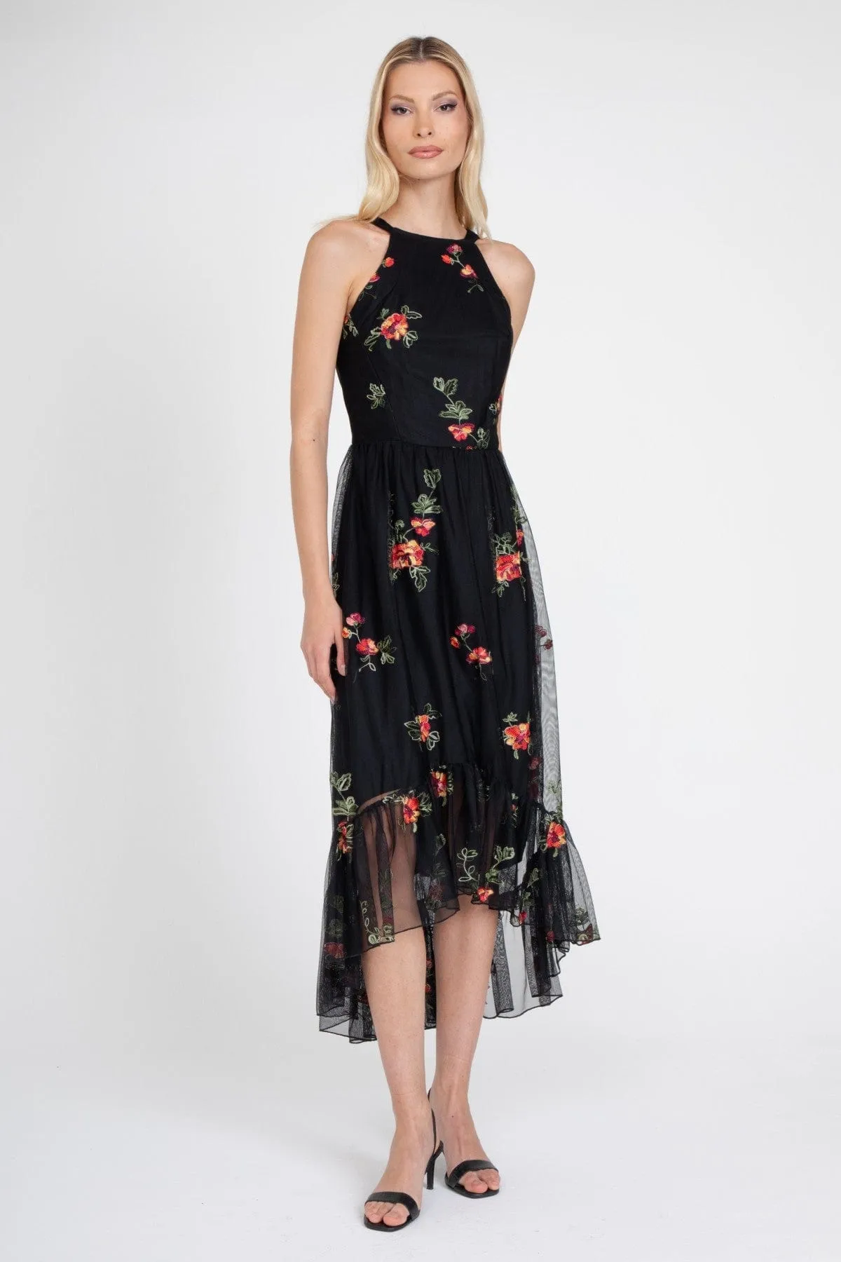 Polished Style Jennie Dress ?C Black Mesh Floral Embroidery