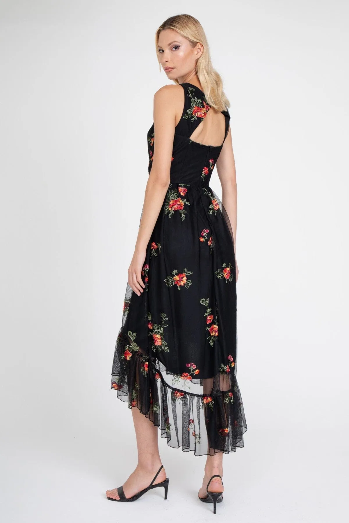 Jennie Dress ?C Black Mesh Floral Embroidery Jewel-Tone