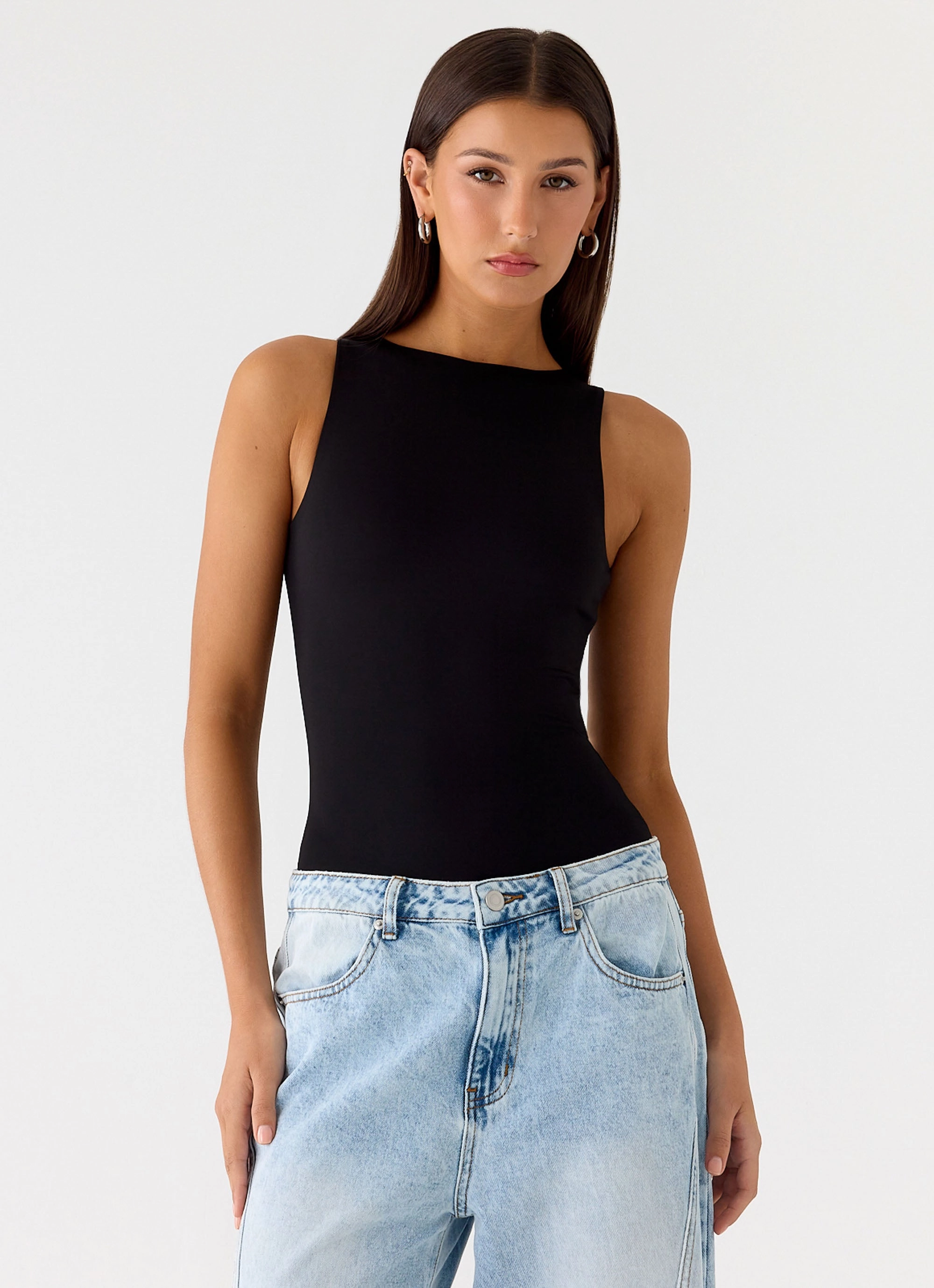 RibbedCollar NoSlipGripperBand Vincenza Bodysuit - Black