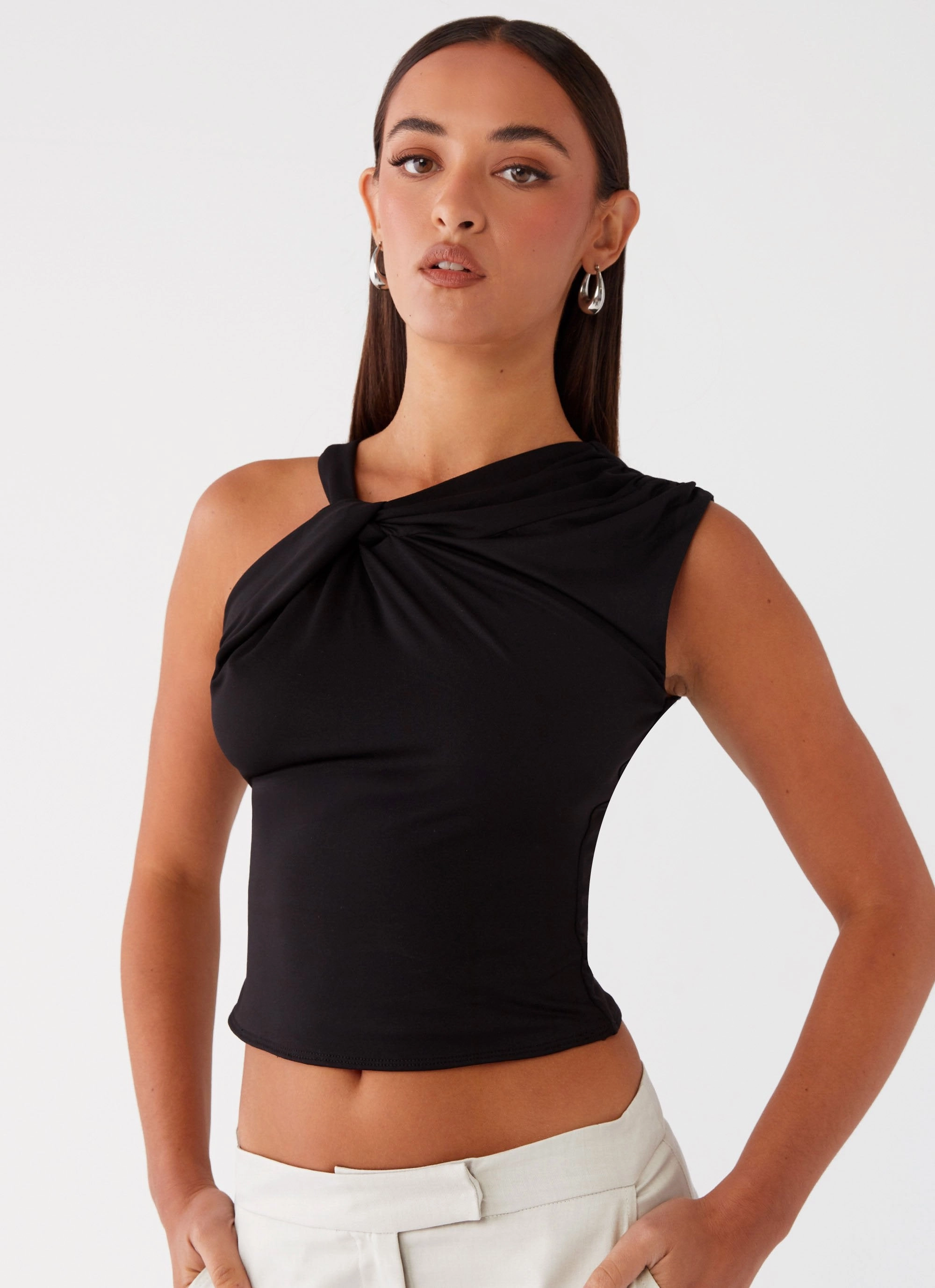 Cool Weather Grid Texture Fabric Jesse Twist Shoulder Top - Black