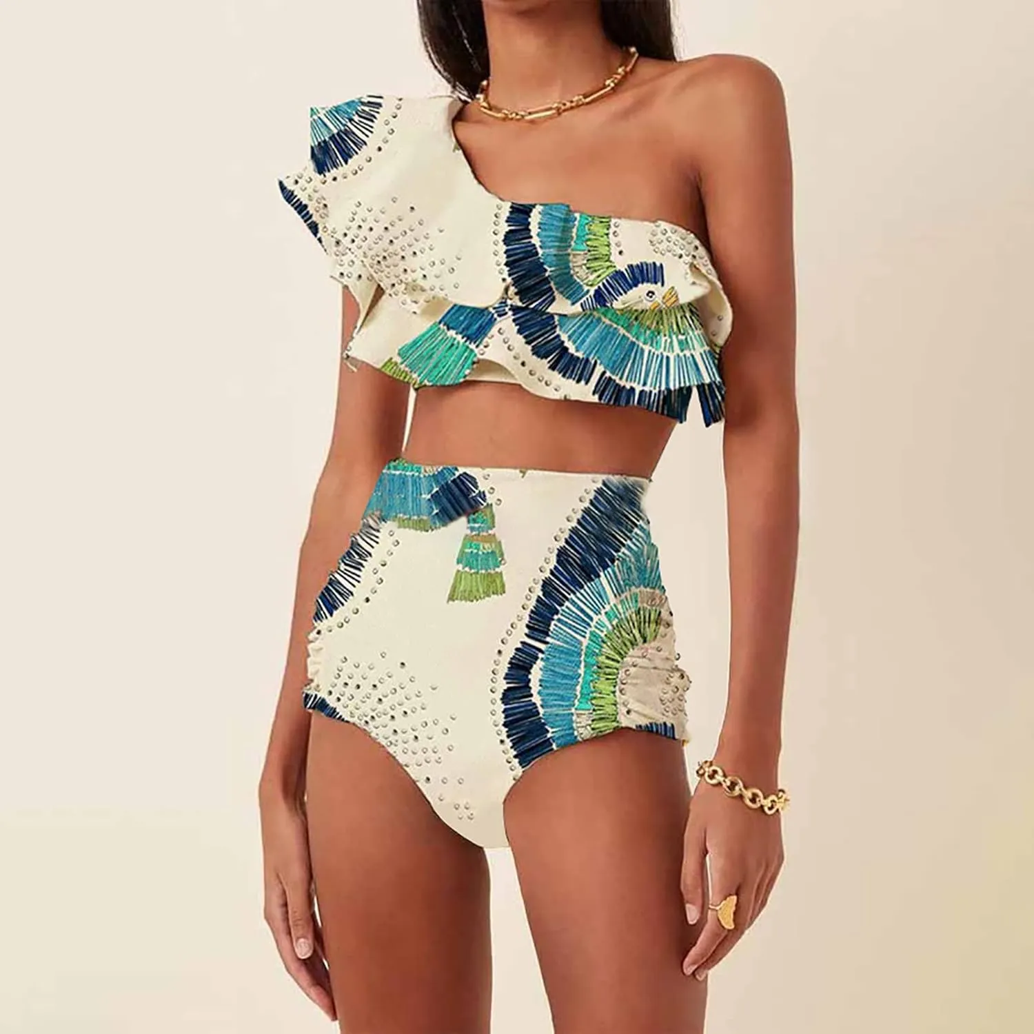 JOAU Women's 2 Piece Swimsuit Boho Ruffle Trim One Shoulder High Waisted Bikini Set Bathing Suits Summer Beach Swimwear