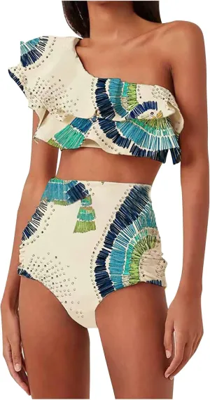 JOAU Women's 2 Piece Swimsuit Boho Ruffle Trim One Shoulder High Waisted Bikini Set Bathing Suits Summer Beach Swimwear