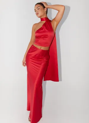 Josefina Satin Maxi Skirt - Rouge Red Easy Layering Fast Move Practical Style Josefina Satin Maxi Skirt - Rouge Red