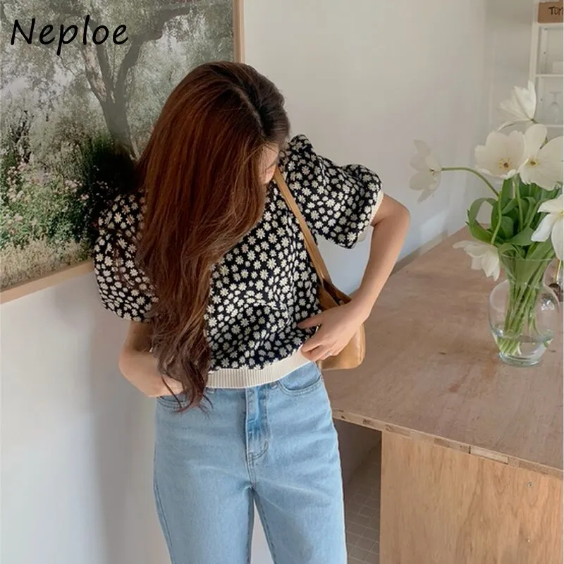 Joskaa Christmas Gift Neploe O Neck Puff Short Sleeve Knit T Shirt Women Work Style Ol Print Loose Pull Femme Summer 2024 New Ladies T0p Sueter