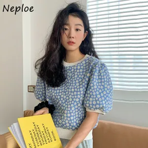 Joskaa Christmas Gift Neploe O Neck Puff Short Sleeve Knit T Shirt Women Work Style Ol Print Loose Pull Femme Summer 2024 New Ladies T0p Sueter