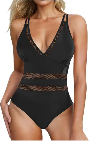 jsaierl Womens Sexy Hollow Out One Piece Swimsuits Deep V Neck Double Strap Backless 1 Piece Swimwear Tummy Control Monokini