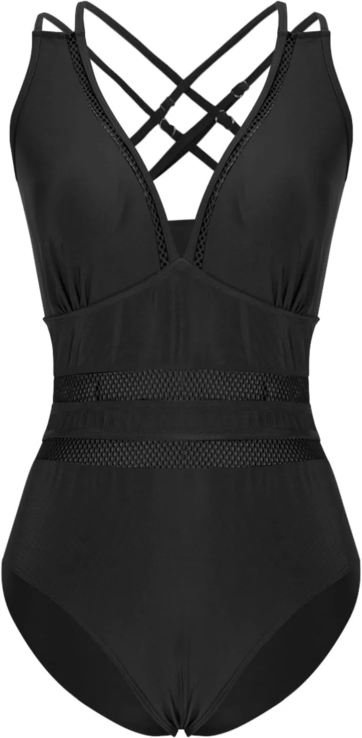 jsaierl Womens Sexy Hollow Out One Piece Swimsuits Deep V Neck Double Strap Backless 1 Piece Swimwear Tummy Control Monokini