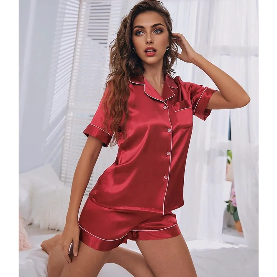 JuliaFashion - 2024 Silk Satin Short Sleeve Two-piece Pajamas Set