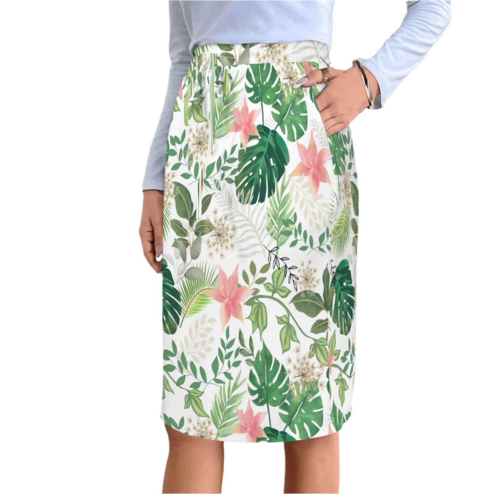 Jungle White Knee Length Double Pocket Skirt up to 5 XL