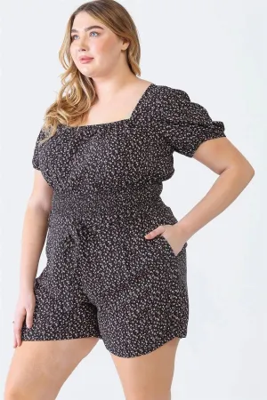 Junior Plus Black Floral Print Short Sleeve Smocked Top & High Waist Belted Shorts Set /1-1-1