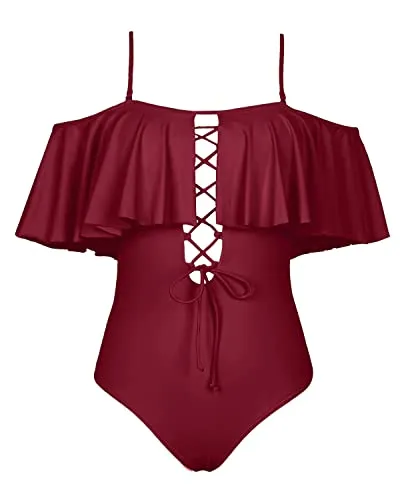Junior's Lace Up Ruffled One Piece Bathing Suit-Maroon