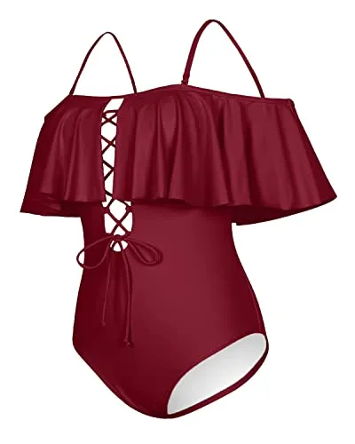 Junior's Lace Up Ruffled One Piece Bathing Suit-Maroon