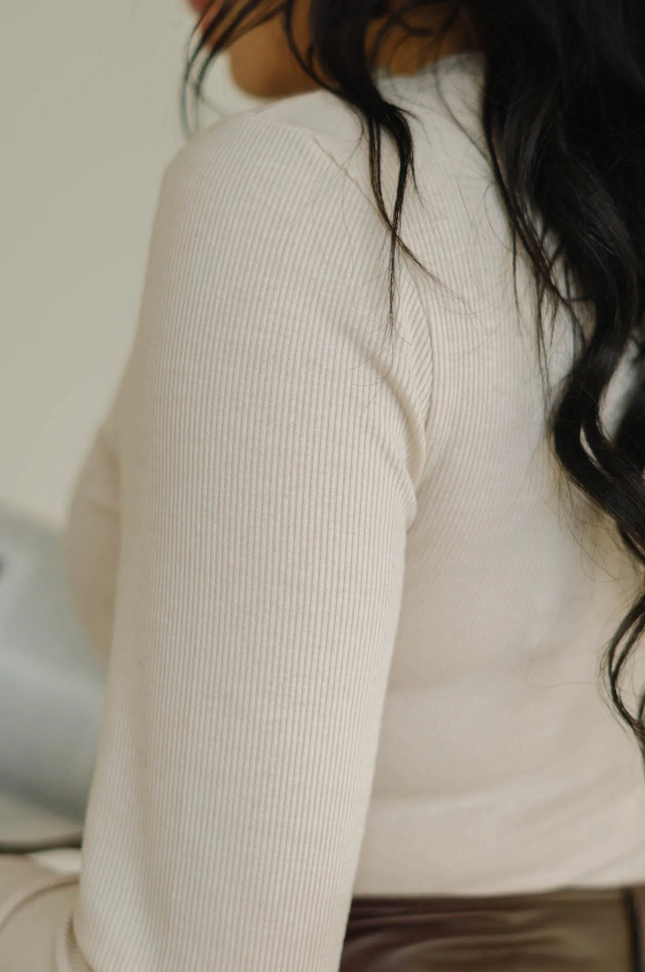 Justine Beige Ribbed Long Sleeve Bodysuit