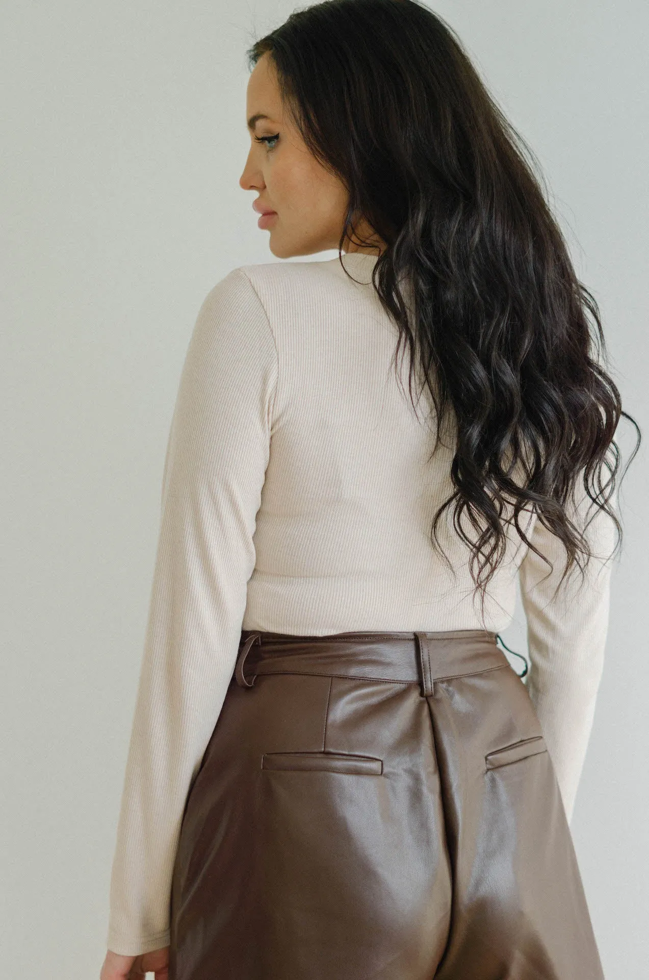 Justine Beige Ribbed Long Sleeve Bodysuit