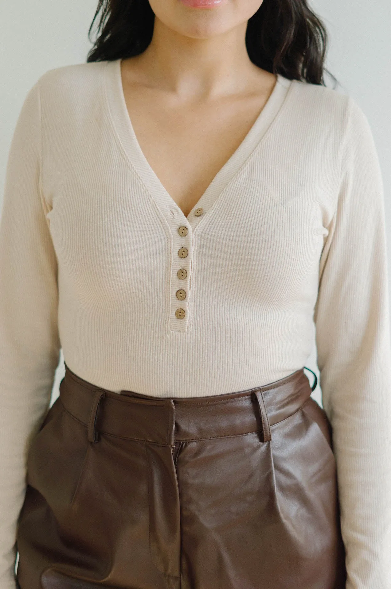 Justine Beige Ribbed Long Sleeve Bodysuit