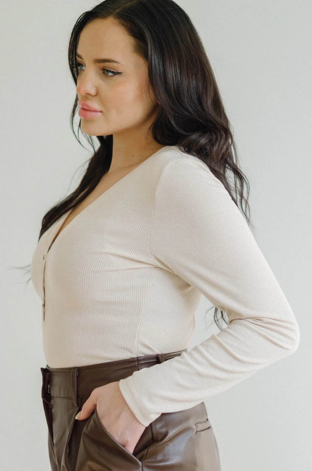 Justine Beige Ribbed Long Sleeve Bodysuit