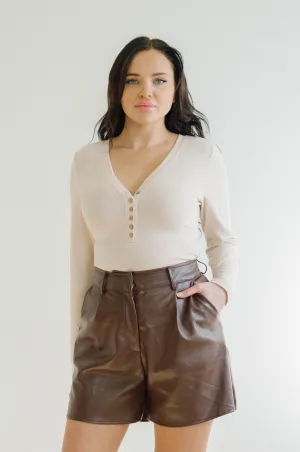 Justine Beige Ribbed Long Sleeve Bodysuit