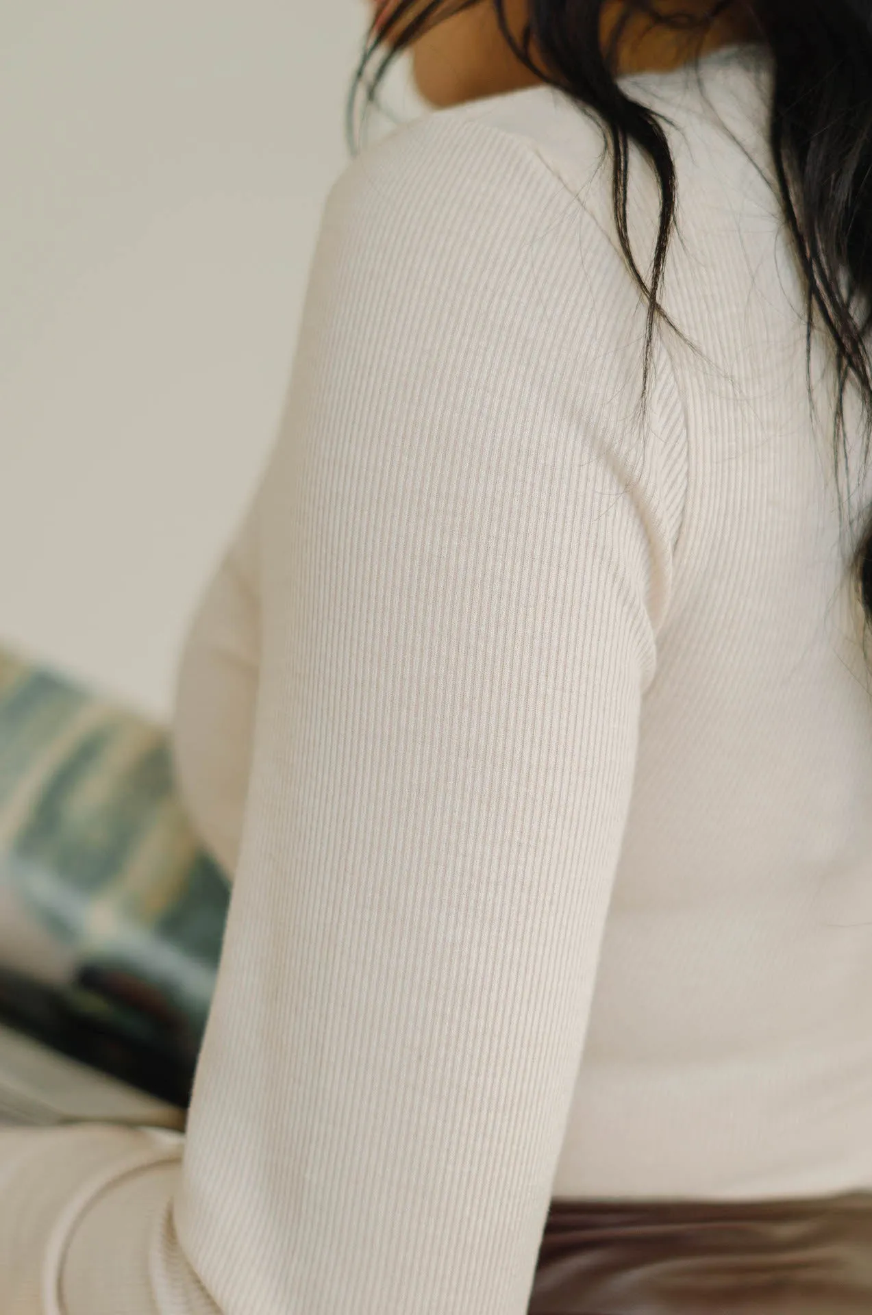 Justine Beige Ribbed Long Sleeve Bodysuit