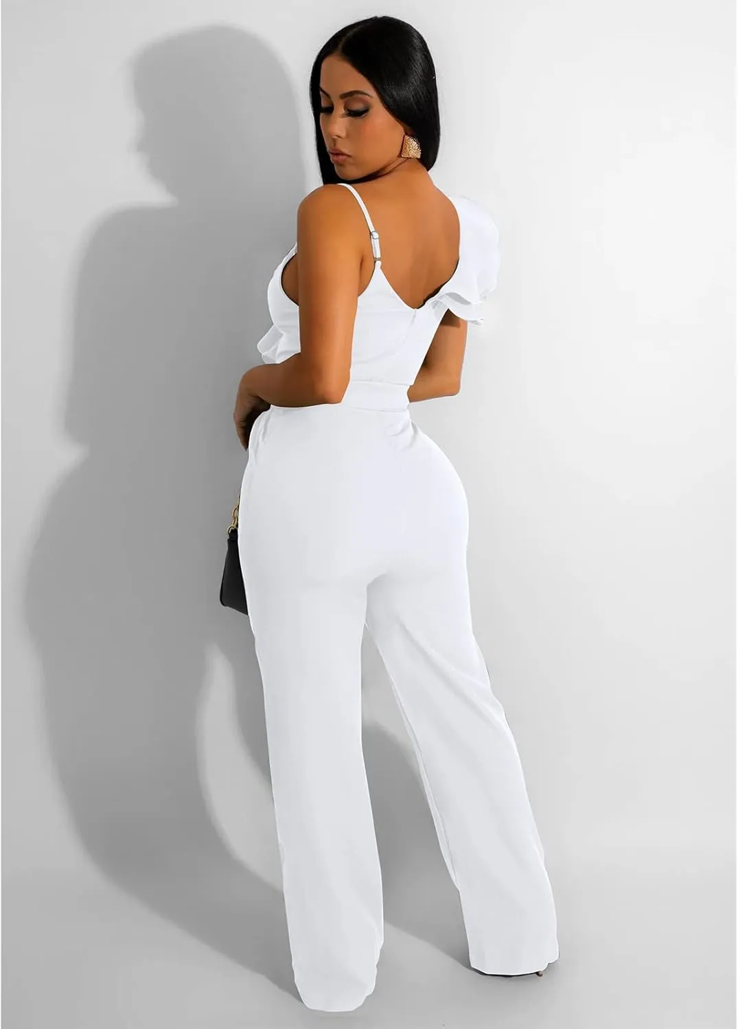 kaimimei Womens Casual Jumpsuits V-Neck Sleeveless Ruffle Backless Belted Wide Leg Pant Sexy Romper Party Clubwear